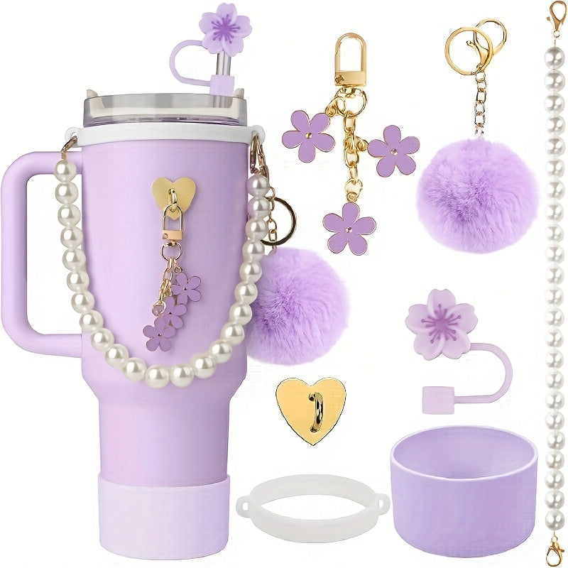Exquisite 7pcs Cup Accessory Set 40 Ounces: Our Cup Accessory Set Includes Silicone Straw Cap, Rubber Cup Ring, Pearl Chain, Keychain, Bottle Boots, Heart-shaped Keychain, And Heart-shaped Hook, Stylish And Of Excellent Quali